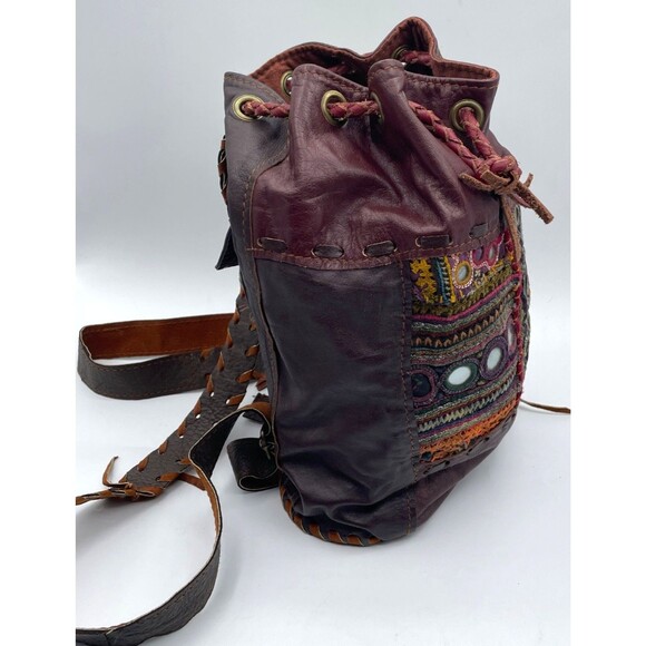 Vintage Hippie Boho Vegan Leather Backpack Banjara Embroidered Mirror Unique! - Picture 9 of 15